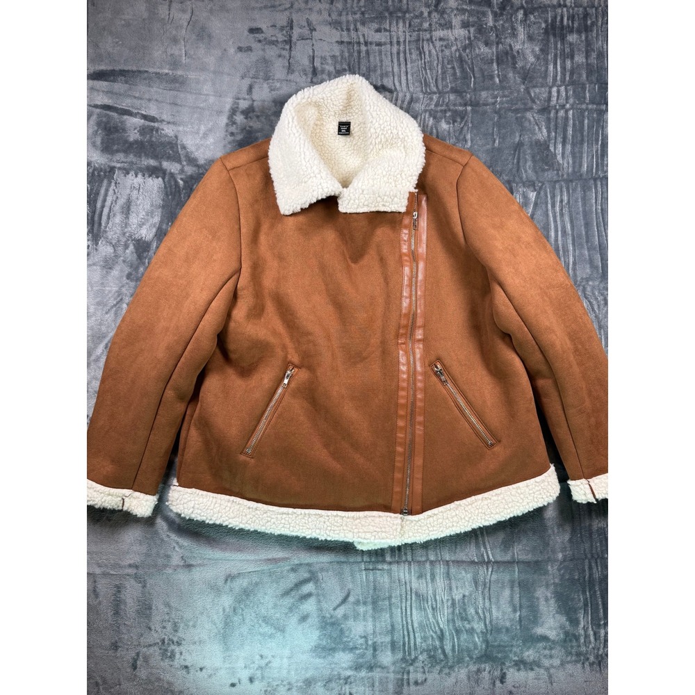 Shein Jacket Womens 0XL Brown Aviator Faux Suede Shearling Moto Biker Coat